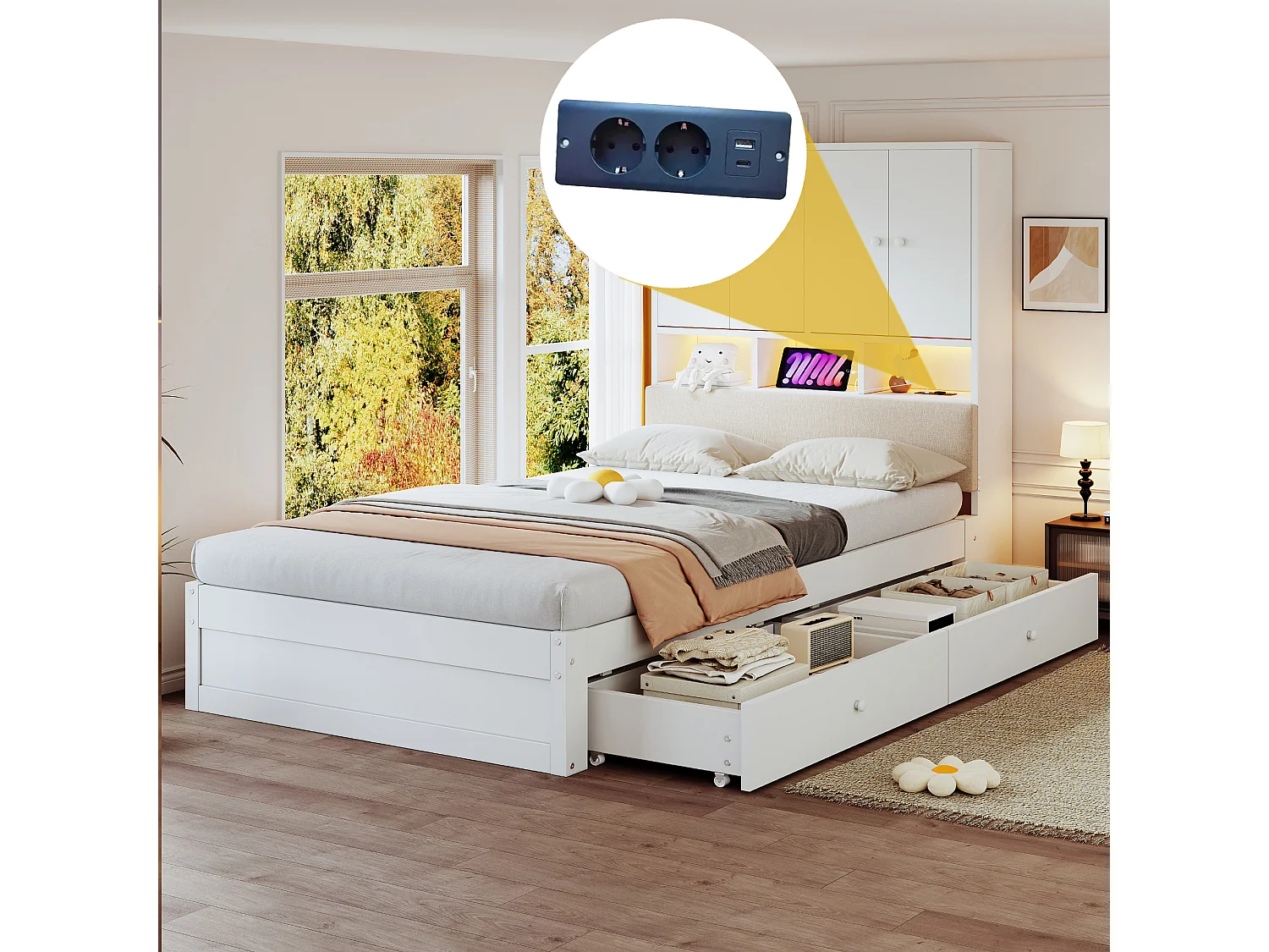 Lit enfant 90 x 200 cm avec tête de rangement, dossier capitonné, 2 tiroirs, prise et LED - Bois - Blanc (Sans matelas)