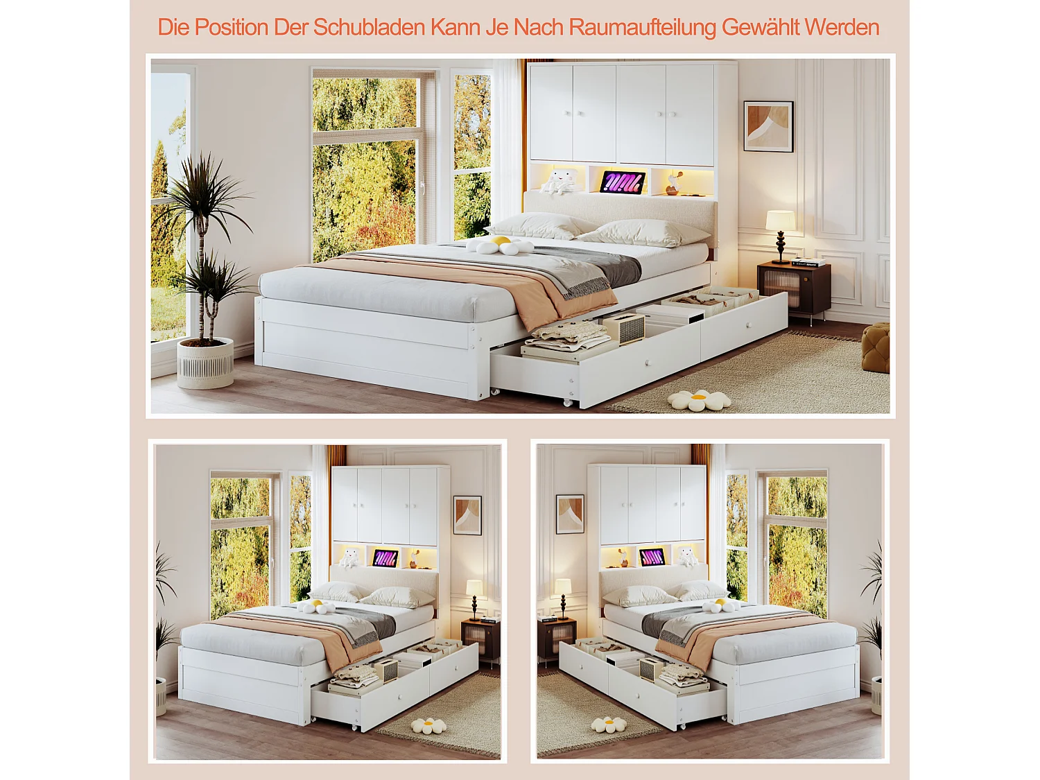 Lit enfant 90 x 200 cm avec tête de rangement, dossier capitonné, 2 tiroirs, prise et LED - Bois - Blanc (Sans matelas)