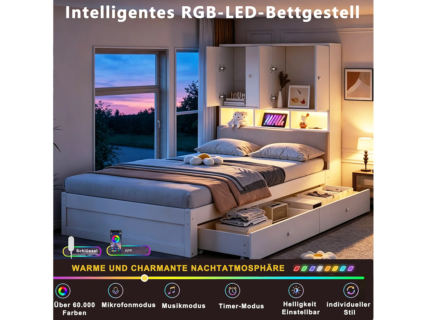Lit enfant 90 x 200 cm avec tête de rangement, dossier capitonné, 2 tiroirs, prise et LED - Bois - Blanc (Sans matelas)