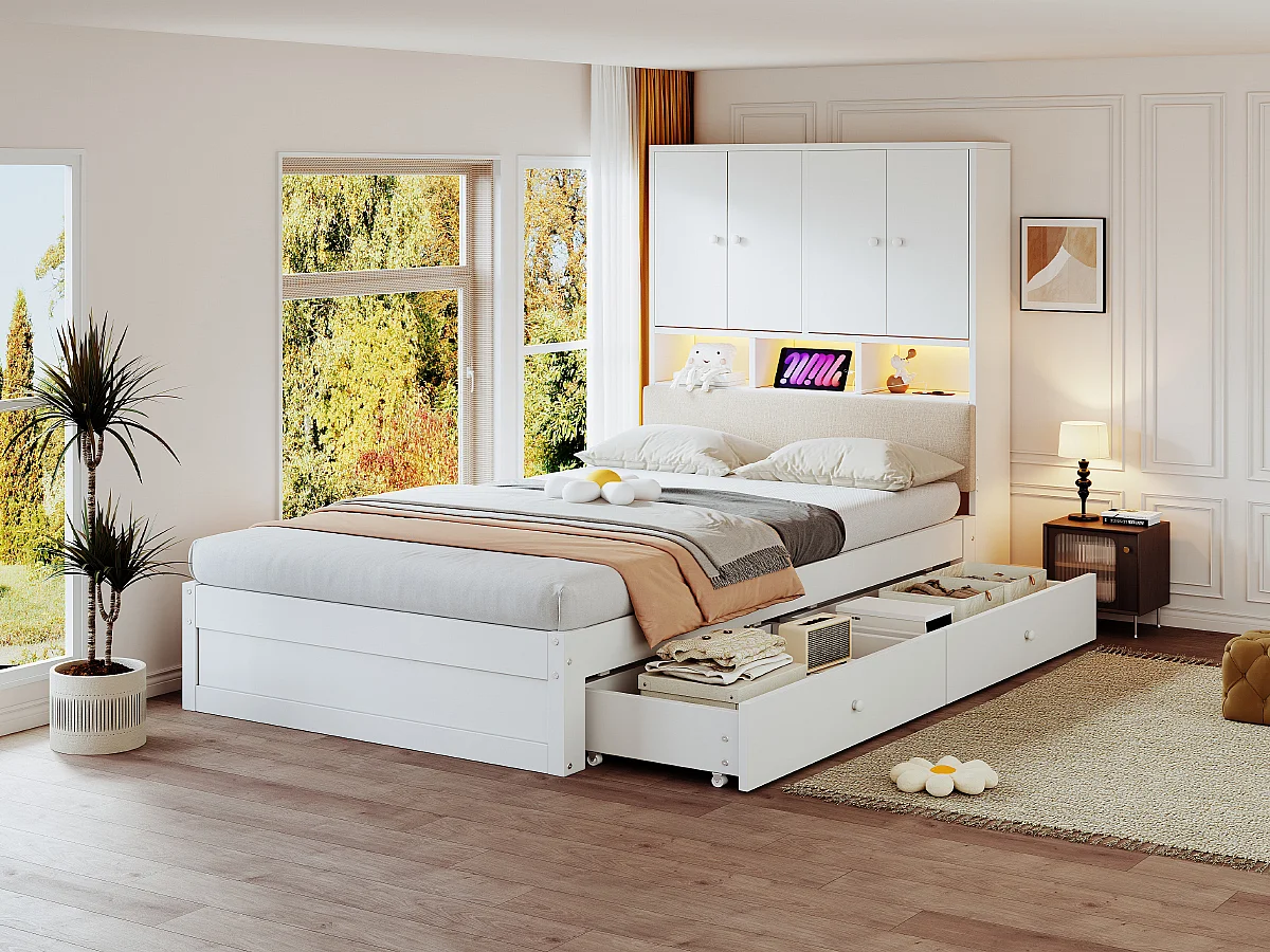 Lit enfant 90 x 200 cm avec tête de rangement, dossier capitonné, 2 tiroirs, prise et LED - Bois - Blanc (Sans matelas)