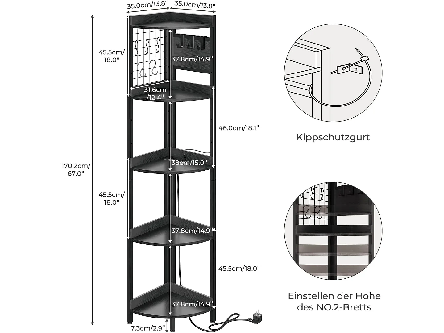 Dripex Étagère d'angle à 5 niveaux avec éclairage LED, étagère sur pied de 170 cm de hauteur avec prises électriques, pour salon, chambre ou bureau, noir