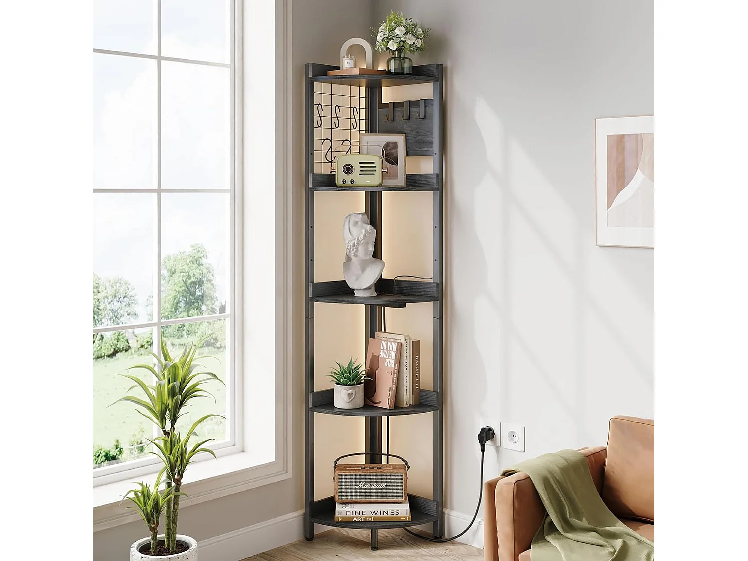 Dripex Étagère d'angle à 5 niveaux avec éclairage LED, étagère sur pied de 170 cm de hauteur avec prises électriques, pour salon, chambre ou bureau, noir