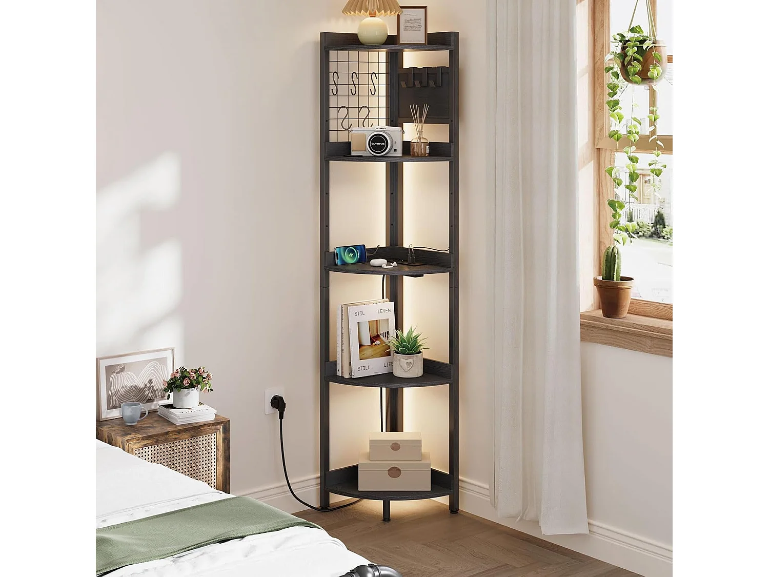 Dripex Étagère d'angle à 5 niveaux avec éclairage LED, étagère sur pied de 170 cm de hauteur avec prises électriques, pour salon, chambre ou bureau, noir