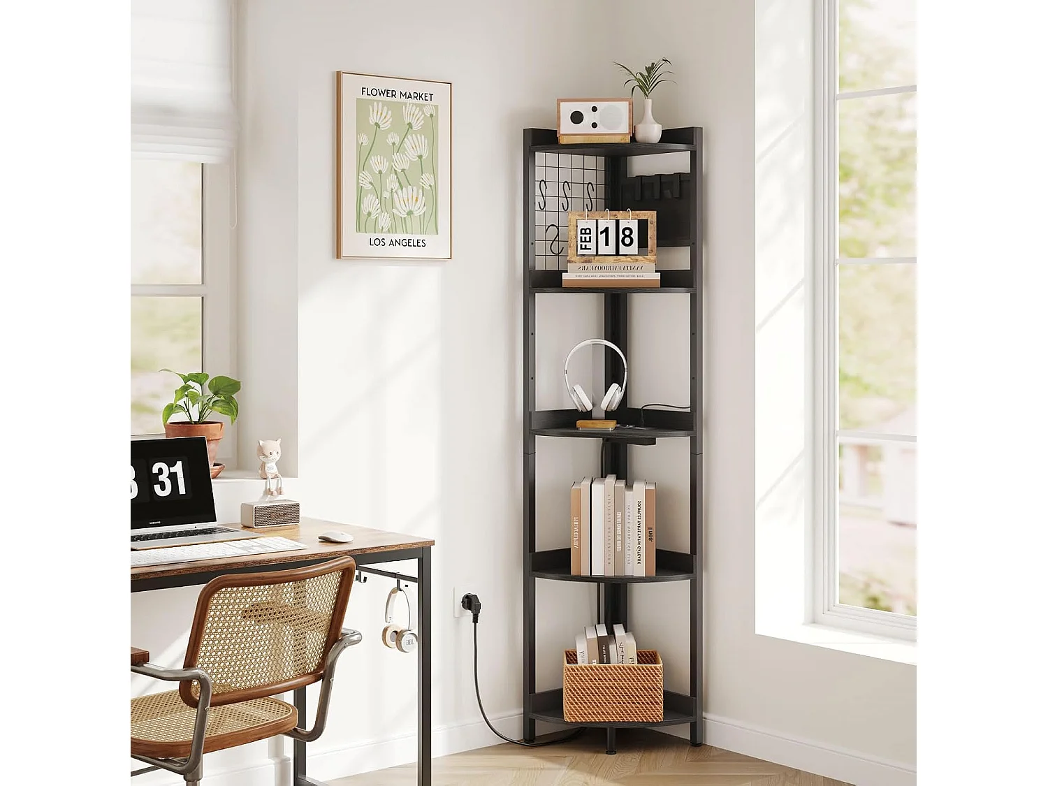 Dripex Étagère d'angle à 5 niveaux avec éclairage LED, étagère sur pied de 170 cm de hauteur avec prises électriques, pour salon, chambre ou bureau, noir
