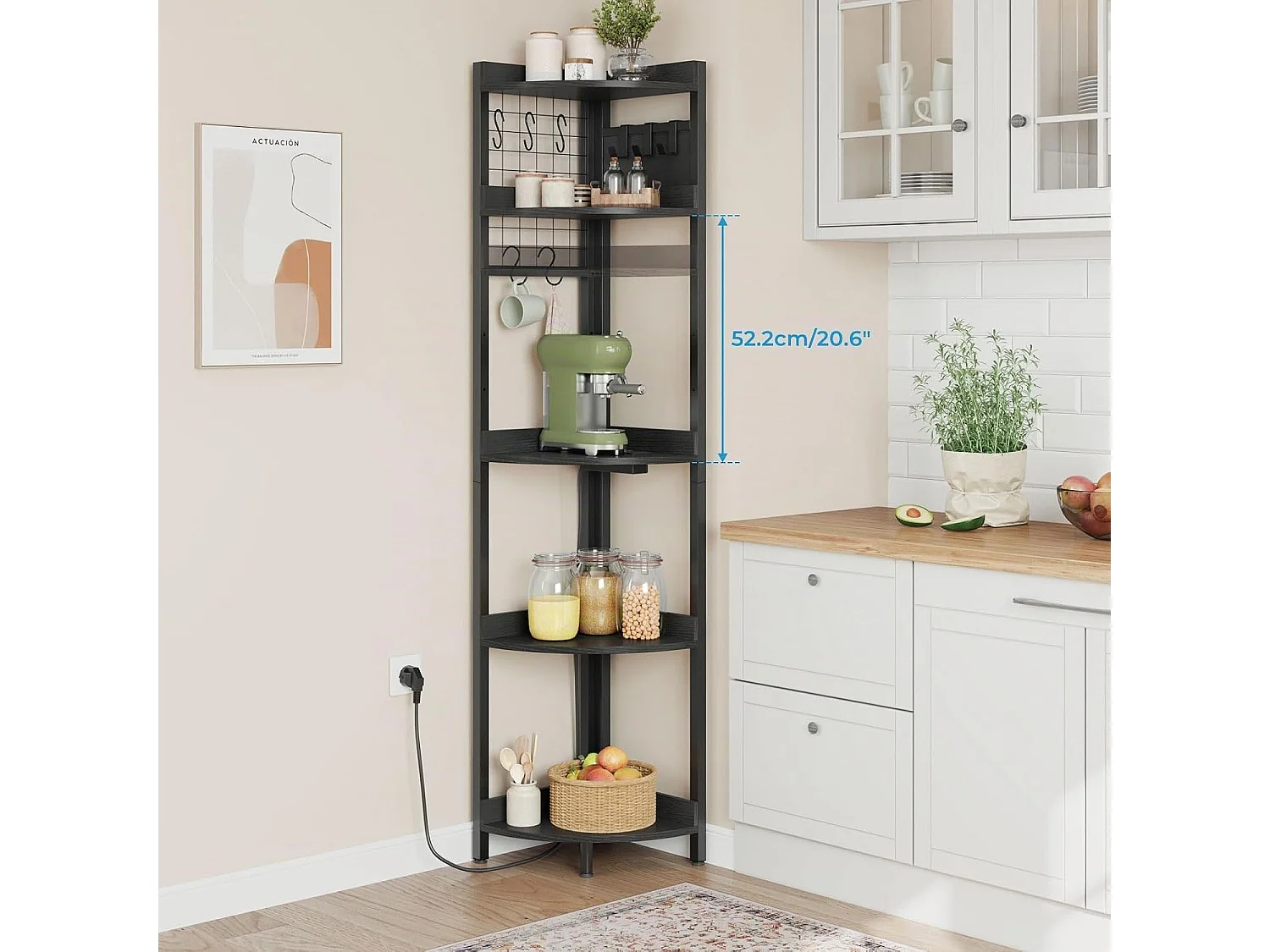 Dripex Étagère d'angle à 5 niveaux avec éclairage LED, étagère sur pied de 170 cm de hauteur avec prises électriques, pour salon, chambre ou bureau, noir