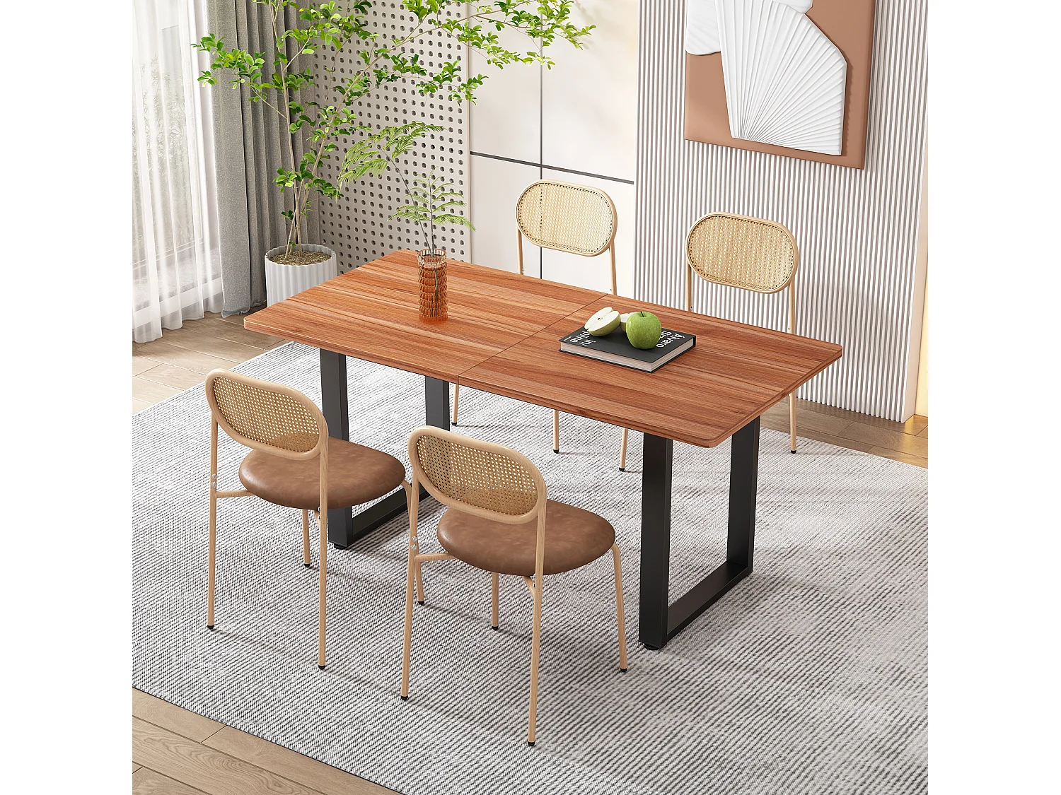 Juego de 6 sillas de comedor sin brazos - Asiento de cuero sintético, respaldo de ratán y patas de metal - Marrón