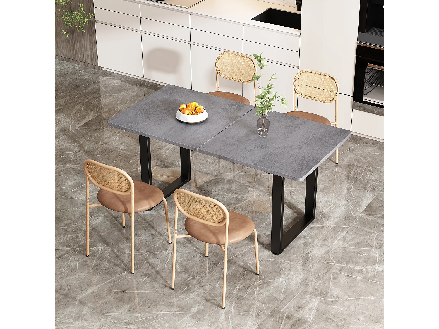 Juego de 6 sillas de comedor sin brazos - Asiento de cuero sintético, respaldo de ratán y patas de metal - Marrón