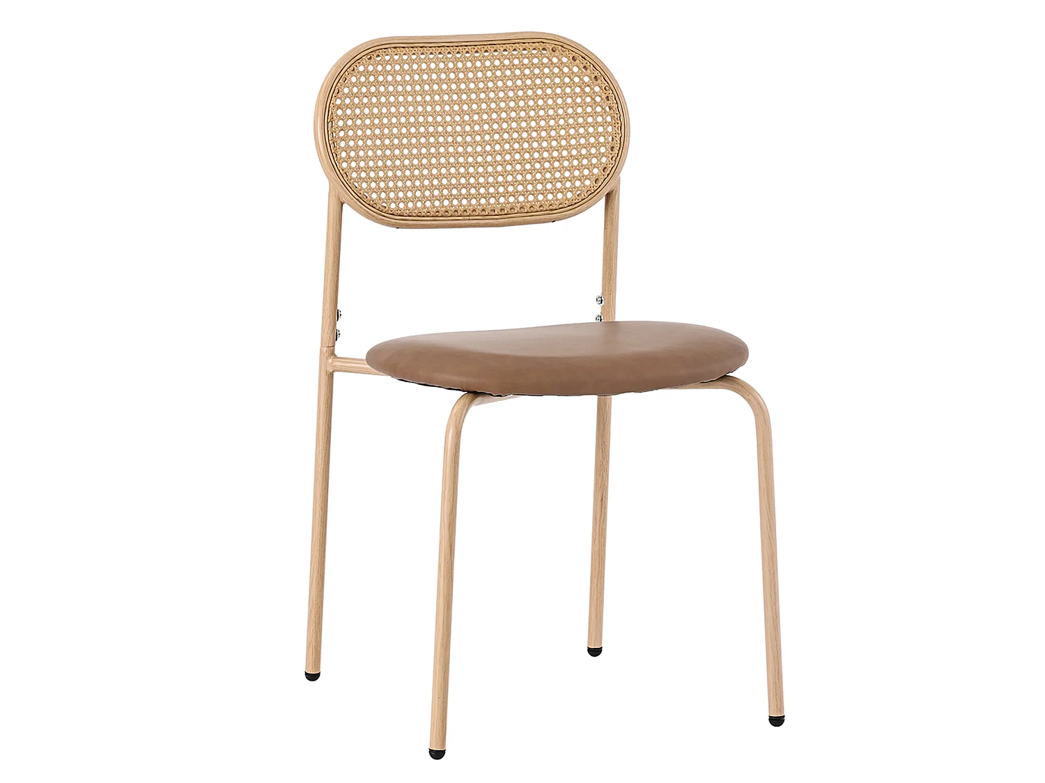 Juego de 6 sillas de comedor sin brazos - Asiento de cuero sintético, respaldo de ratán y patas de metal - Marrón