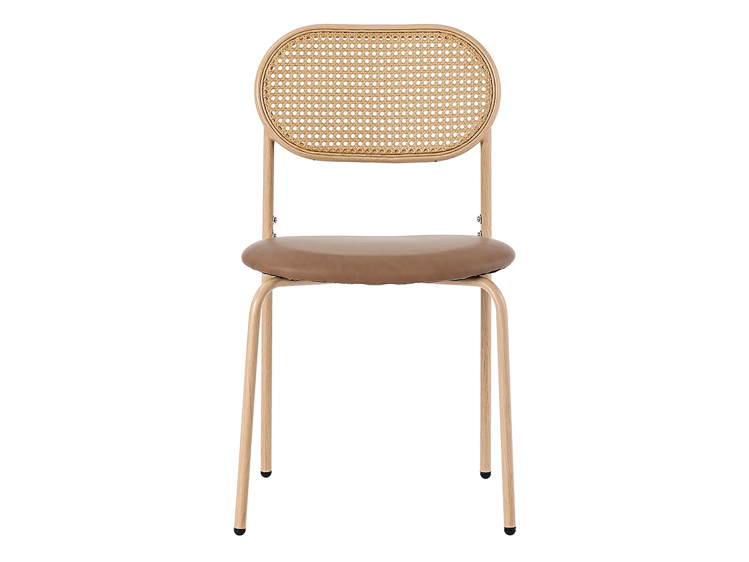 Juego de 6 sillas de comedor sin brazos - Asiento de cuero sintético, respaldo de ratán y patas de metal - Marrón