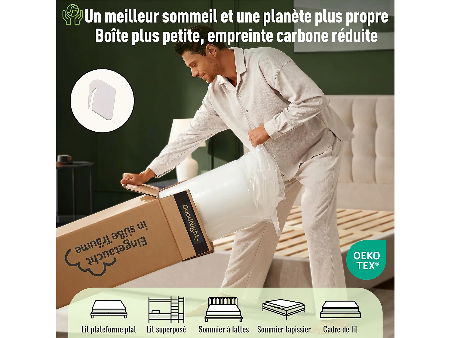 Matelas 90 x 190 cm à ressorts ensachés 7 zones H3, mousse à froid, soutien orthopédique, respirant et certifié OEKO-TEX