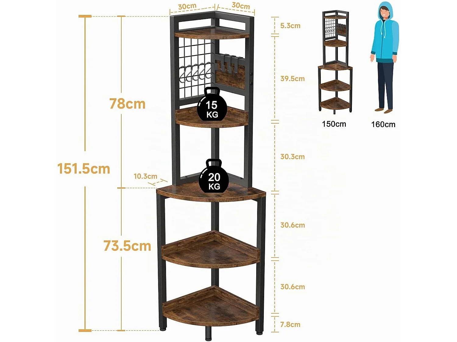 Dripex Étagère d'angle à 5 niveaux, bibliothèque, étagère sur pied avec structure en métal, pour salon et cuisine, marron vintage et noir, 40 x 40 x 152 cm