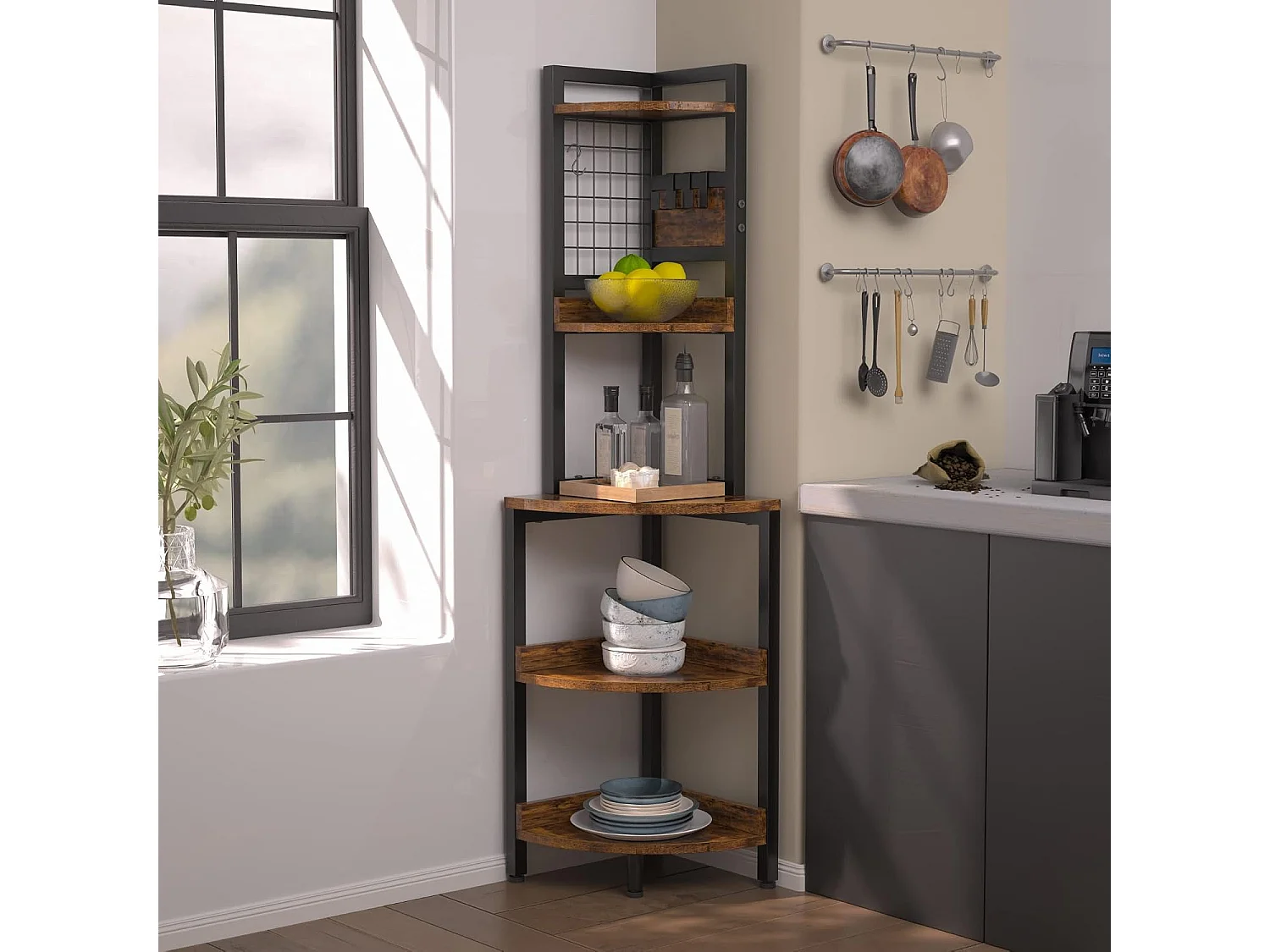 Dripex Étagère d'angle à 5 niveaux, bibliothèque, étagère sur pied avec structure en métal, pour salon et cuisine, marron vintage et noir, 40 x 40 x 152 cm