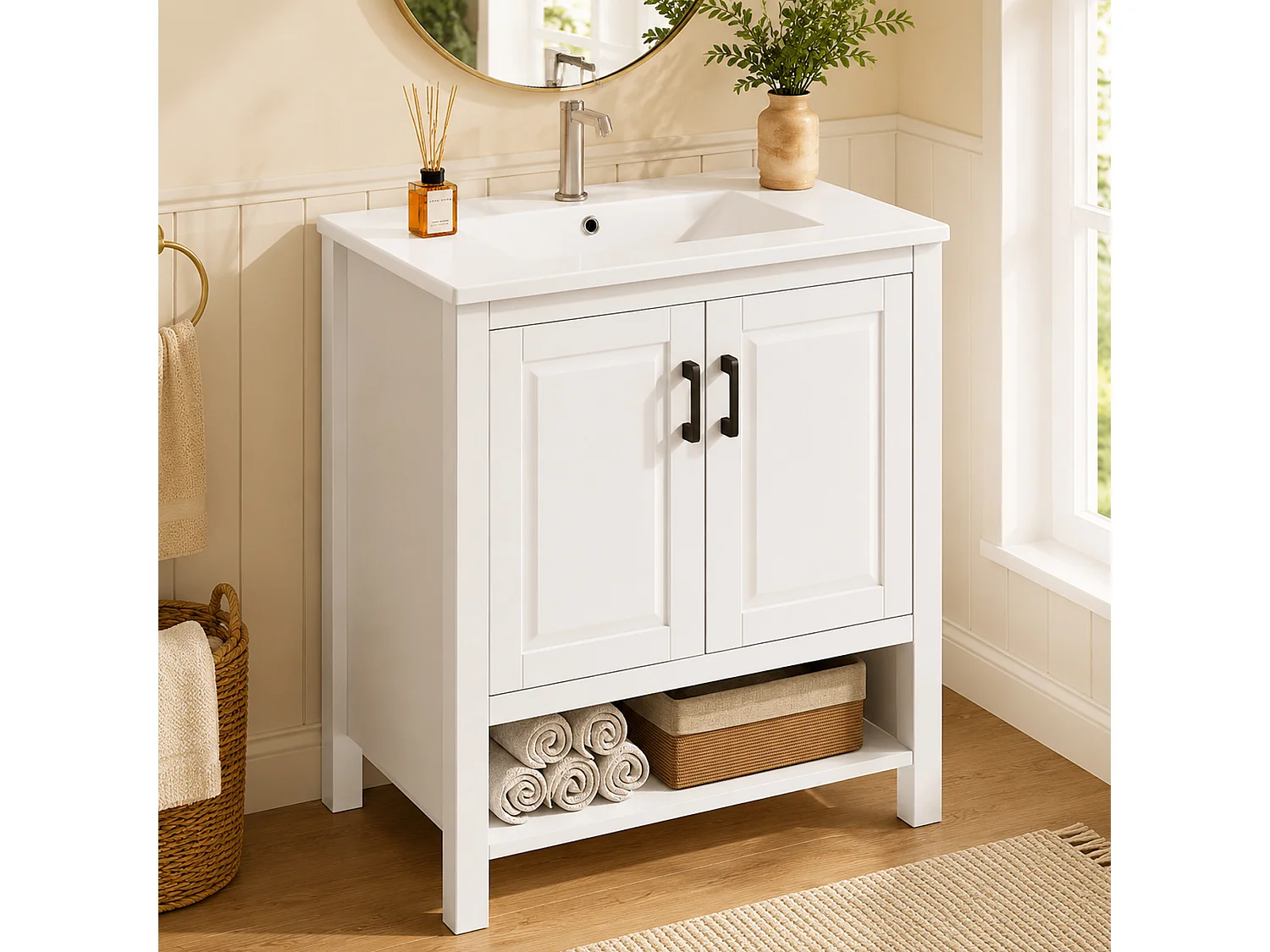 Badezimmer-Waschtisch mit Keramikwaschbecken, 2 Türen und offenem Fach – MDF und Keramik – 76,5 x 47 x 83 cm – Weiß