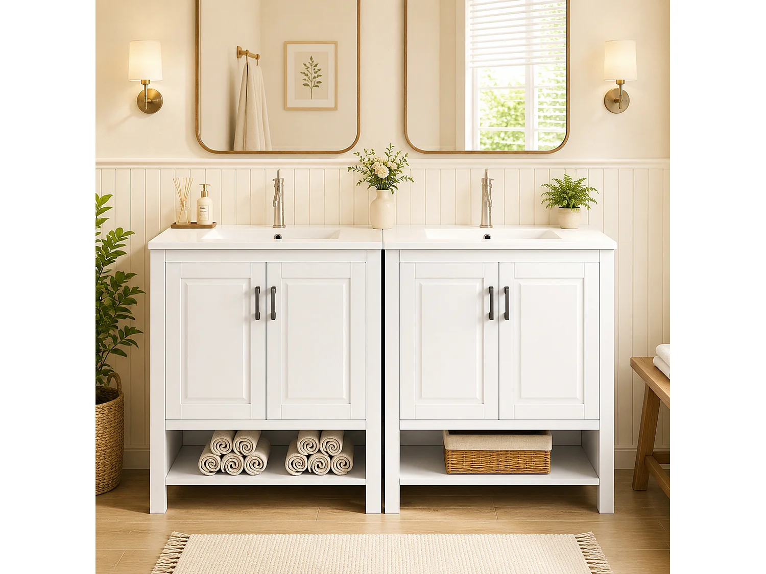 Badezimmer-Waschtisch mit Keramikwaschbecken, 2 Türen und offenem Fach – MDF und Keramik – 76,5 x 47 x 83 cm – Weiß