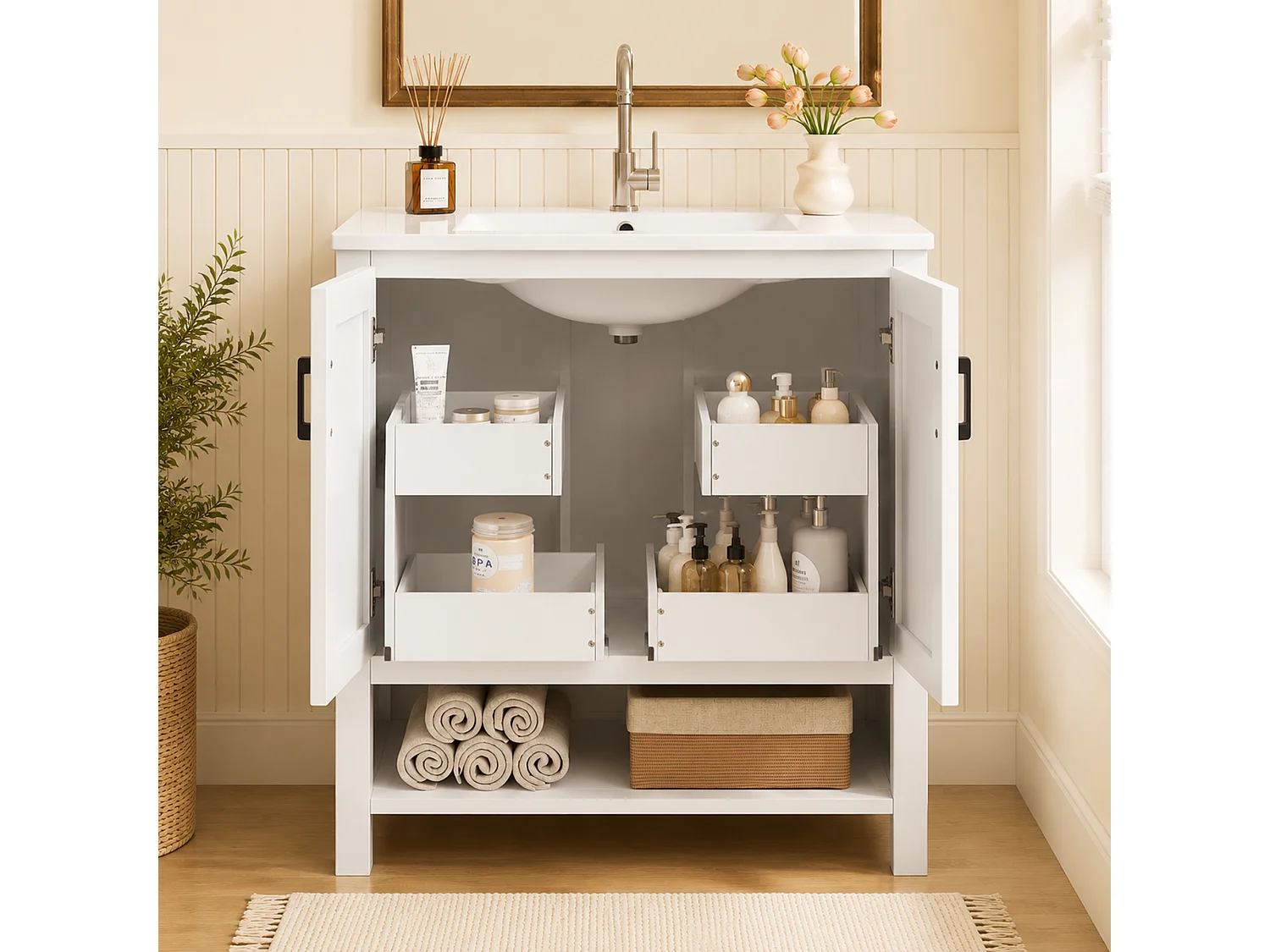 Badezimmer-Waschtisch mit Keramikwaschbecken, 2 Türen und offenem Fach – MDF und Keramik – 76,5 x 47 x 83 cm – Weiß