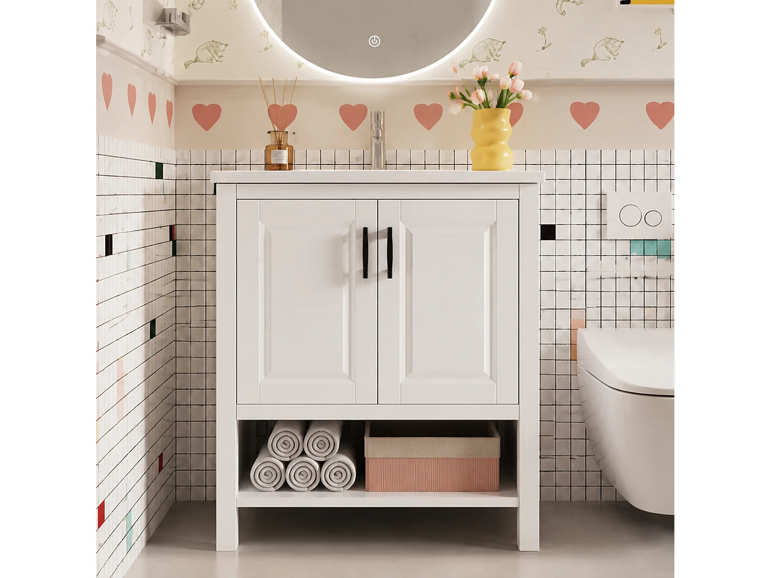Badezimmer-Waschtisch mit Keramikwaschbecken, 2 Türen und offenem Fach – MDF und Keramik – 76,5 x 47 x 83 cm – Weiß