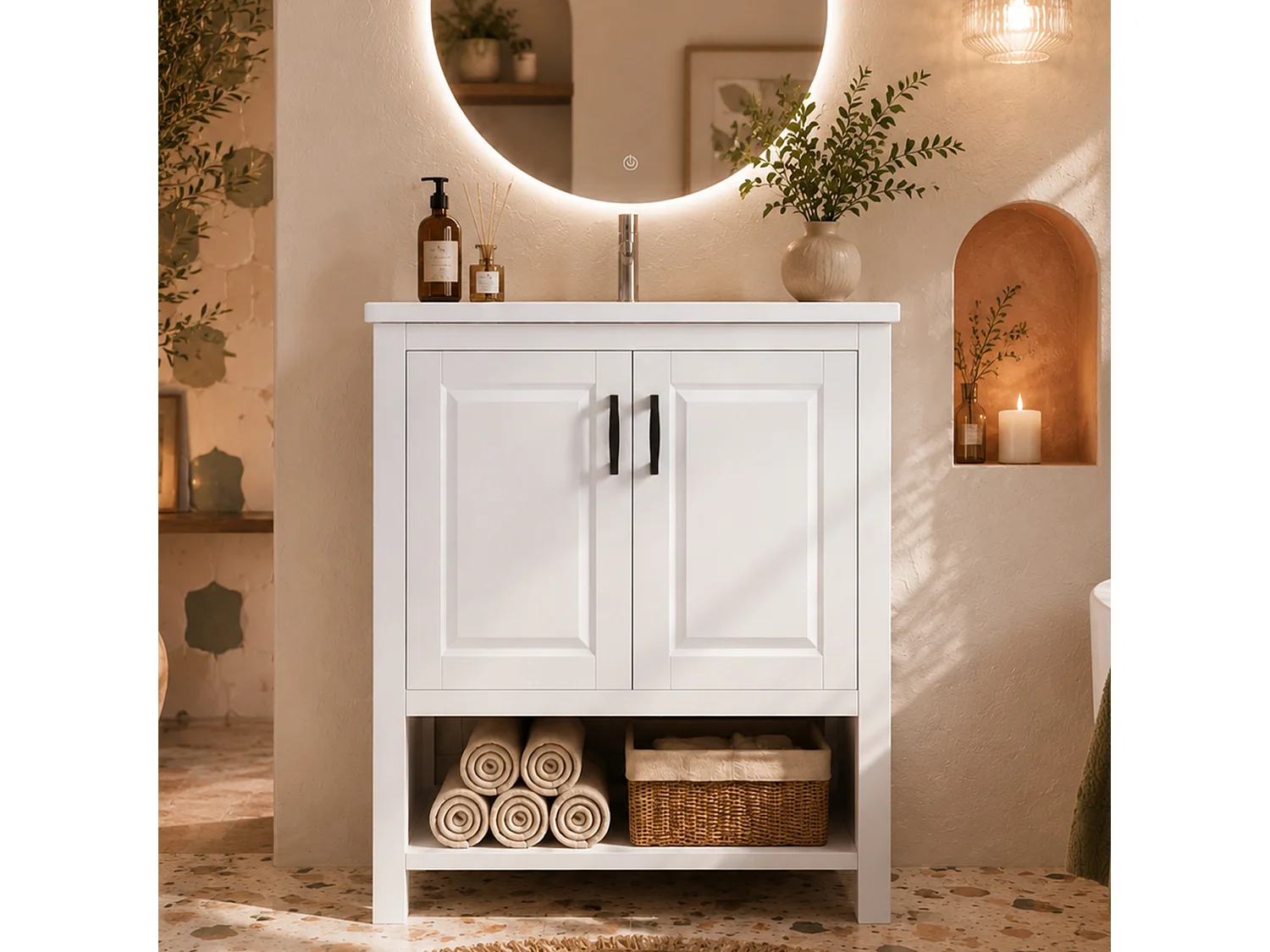 Badezimmer-Waschtisch mit Keramikwaschbecken, 2 Türen und offenem Fach – MDF und Keramik – 76,5 x 47 x 83 cm – Weiß