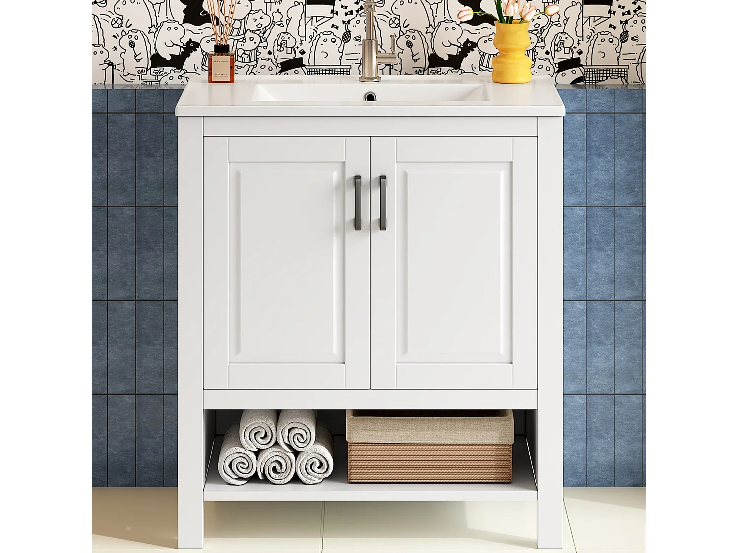 Badezimmer-Waschtisch mit Keramikwaschbecken, 2 Türen und offenem Fach – MDF und Keramik – 76,5 x 47 x 83 cm – Weiß