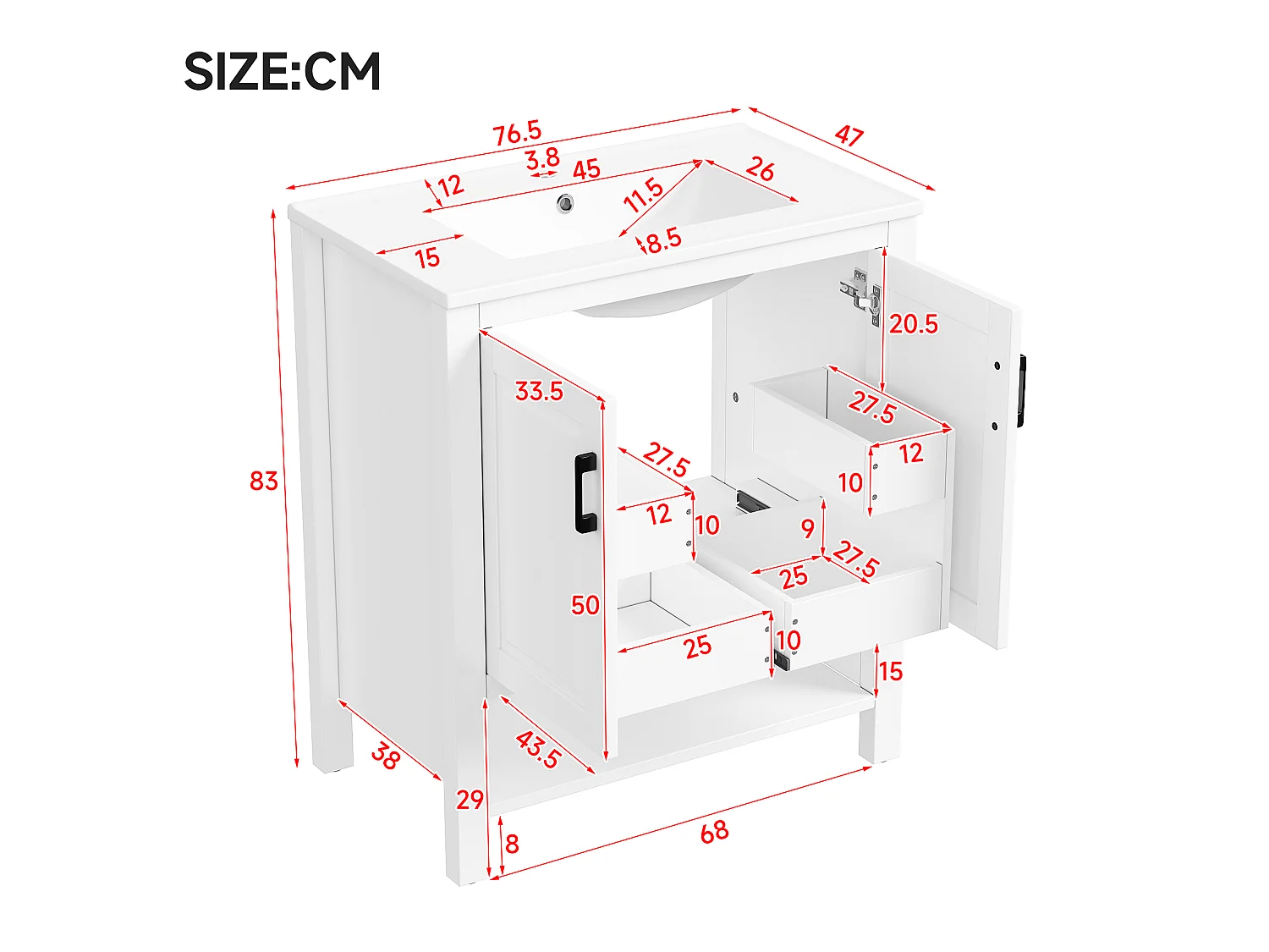 Badezimmer-Waschtisch mit Keramikwaschbecken, 2 Türen und offenem Fach – MDF und Keramik – 76,5 x 47 x 83 cm – Weiß