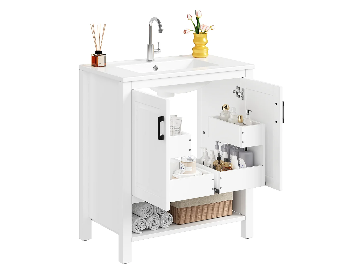 Badezimmer-Waschtisch mit Keramikwaschbecken, 2 Türen und offenem Fach – MDF und Keramik – 76,5 x 47 x 83 cm – Weiß