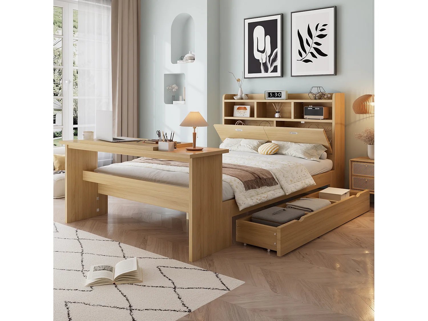 Lit 140 x 200 cm avec tiroir de rangement et table pliante réglable 12 positions – LVL, bois massif et panneaux de particules – Naturel (Sans matelas)