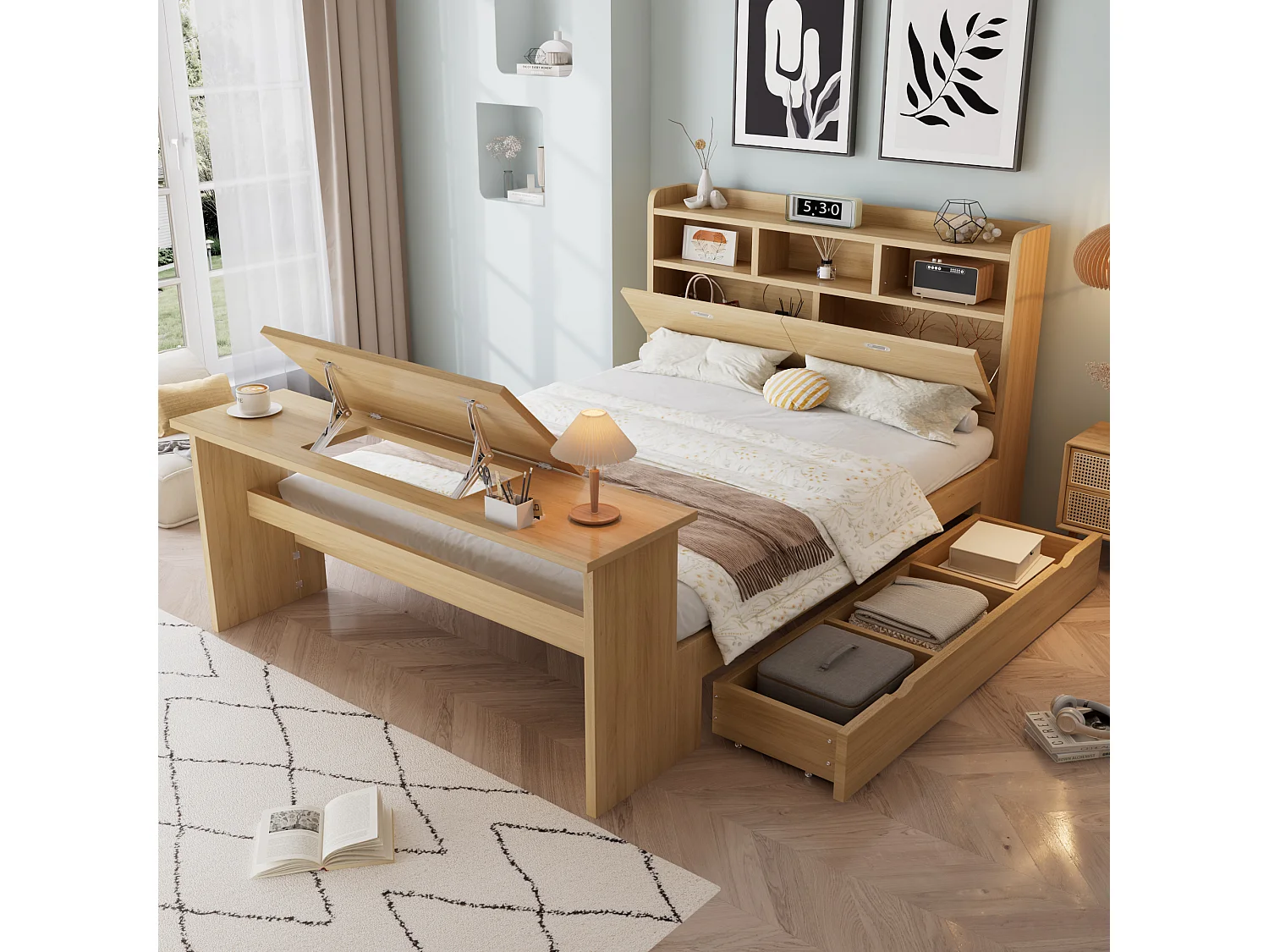 Lit 140 x 200 cm avec tiroir de rangement et table pliante réglable 12 positions – LVL, bois massif et panneaux de particules – Naturel (Sans matelas)