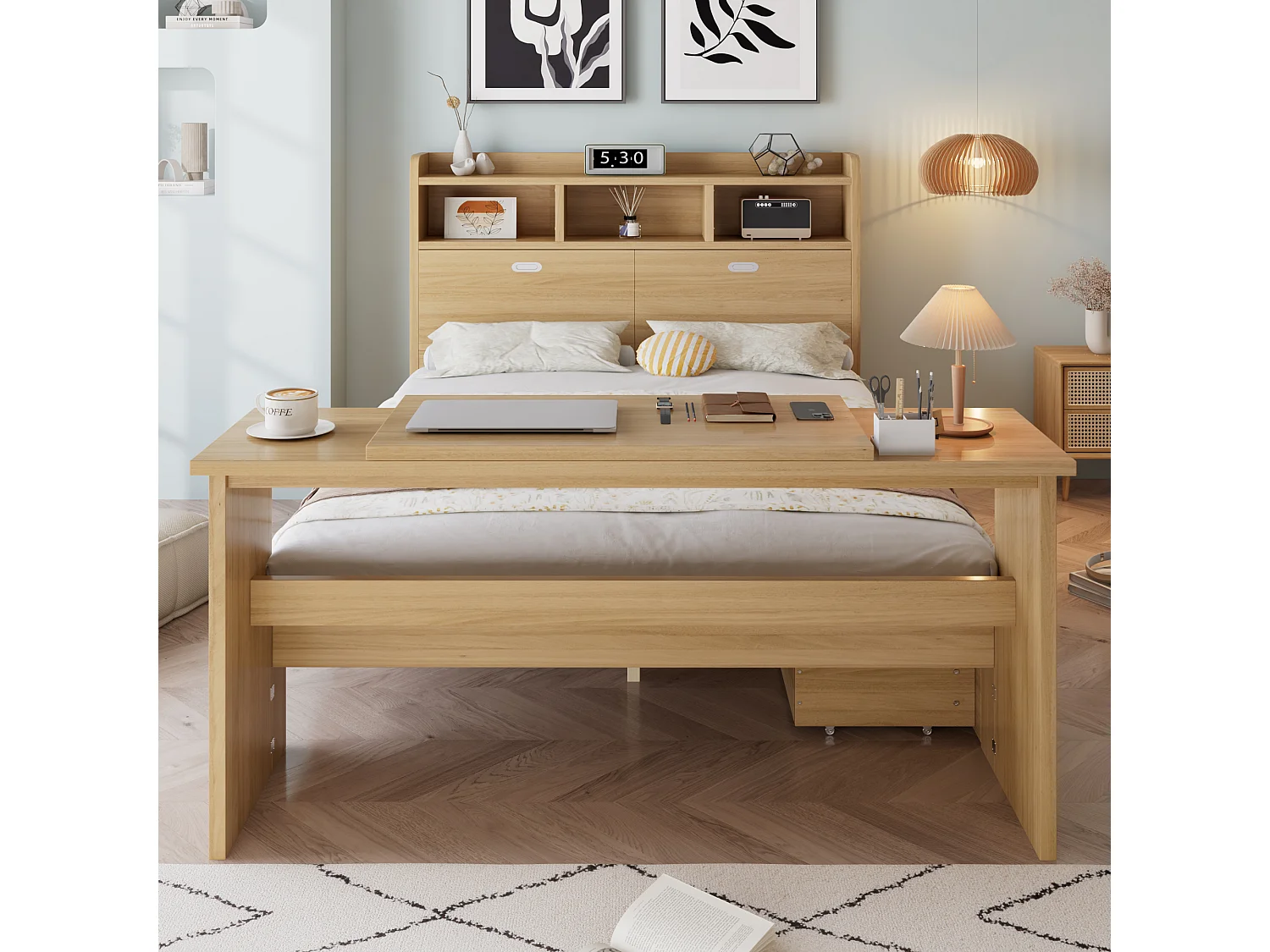 Lit 140 x 200 cm avec tiroir de rangement et table pliante réglable 12 positions – LVL, bois massif et panneaux de particules – Naturel (Sans matelas)