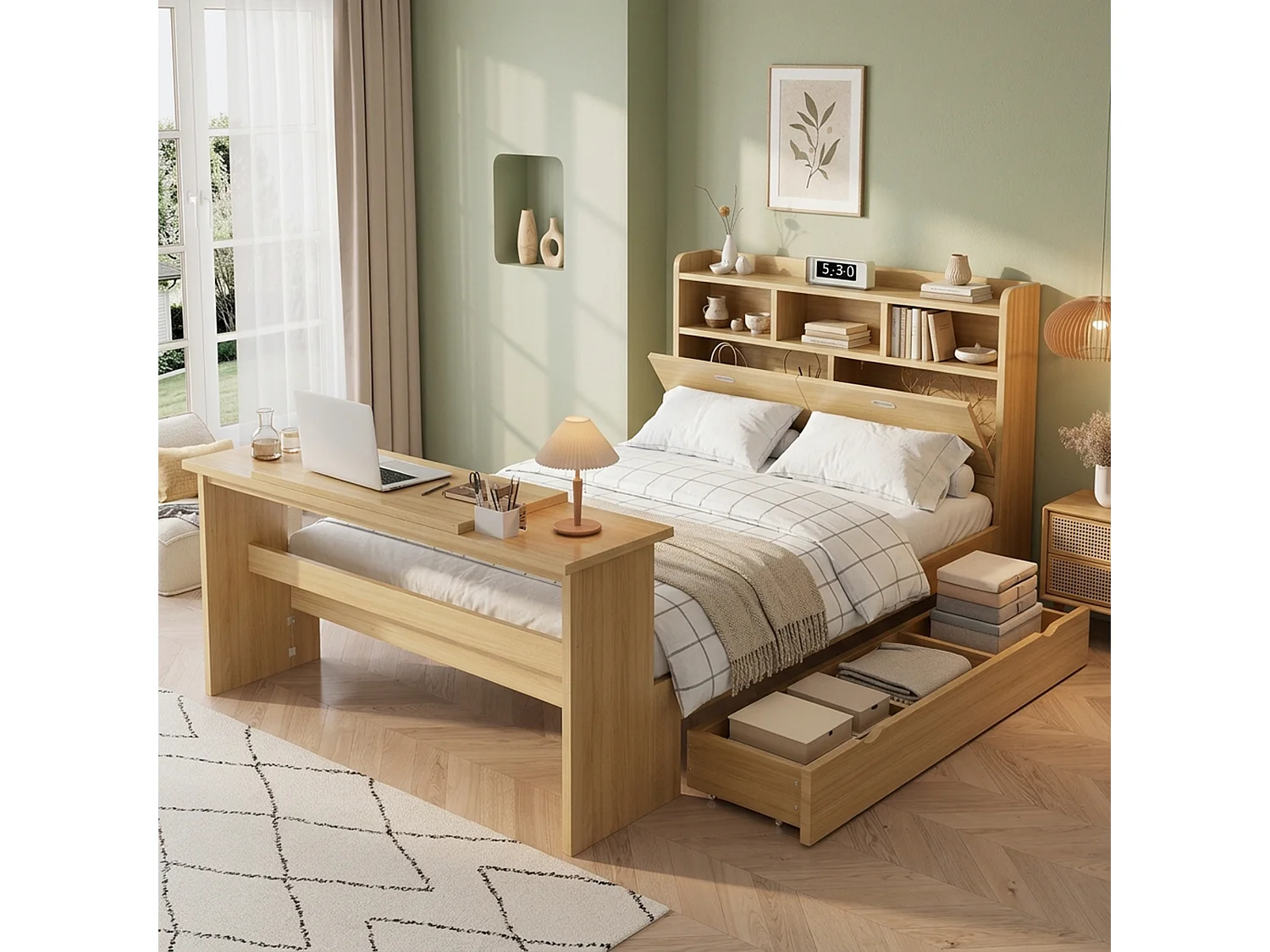 Lit 140 x 200 cm avec tiroir de rangement et table pliante réglable 12 positions – LVL, bois massif et panneaux de particules – Naturel (Sans matelas)