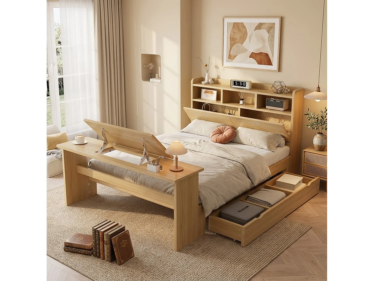 Lit 140 x 200 cm avec tiroir de rangement et table pliante réglable 12 positions – LVL, bois massif et panneaux de particules – Naturel (Sans matelas)