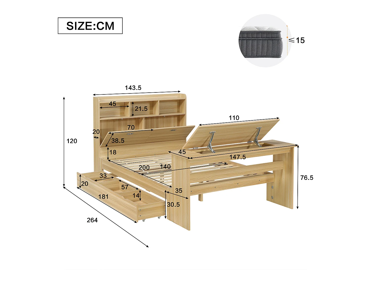 Lit 140 x 200 cm avec tiroir de rangement et table pliante réglable 12 positions – LVL, bois massif et panneaux de particules – Naturel (Sans matelas)