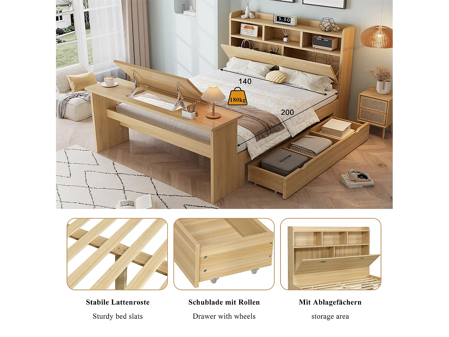 Lit 140 x 200 cm avec tiroir de rangement et table pliante réglable 12 positions – LVL, bois massif et panneaux de particules – Naturel (Sans matelas)