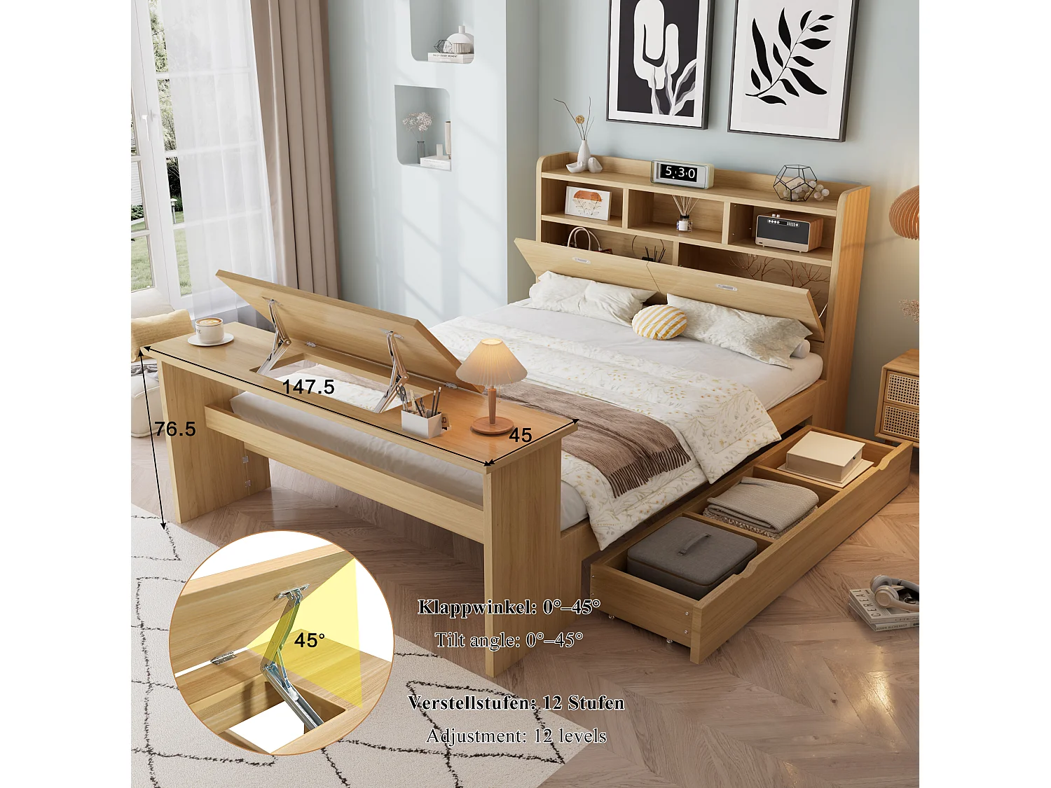 Lit 140 x 200 cm avec tiroir de rangement et table pliante réglable 12 positions – LVL, bois massif et panneaux de particules – Naturel (Sans matelas)