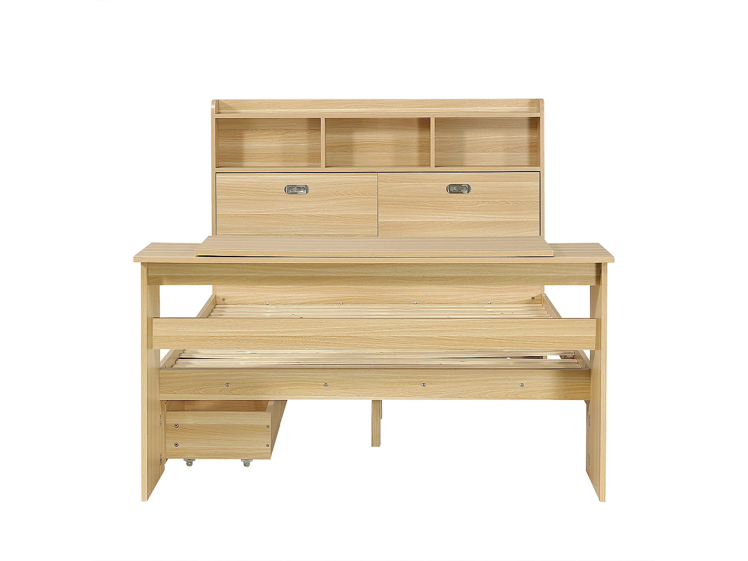 Lit 140 x 200 cm avec tiroir de rangement et table pliante réglable 12 positions – LVL, bois massif et panneaux de particules – Naturel (Sans matelas)