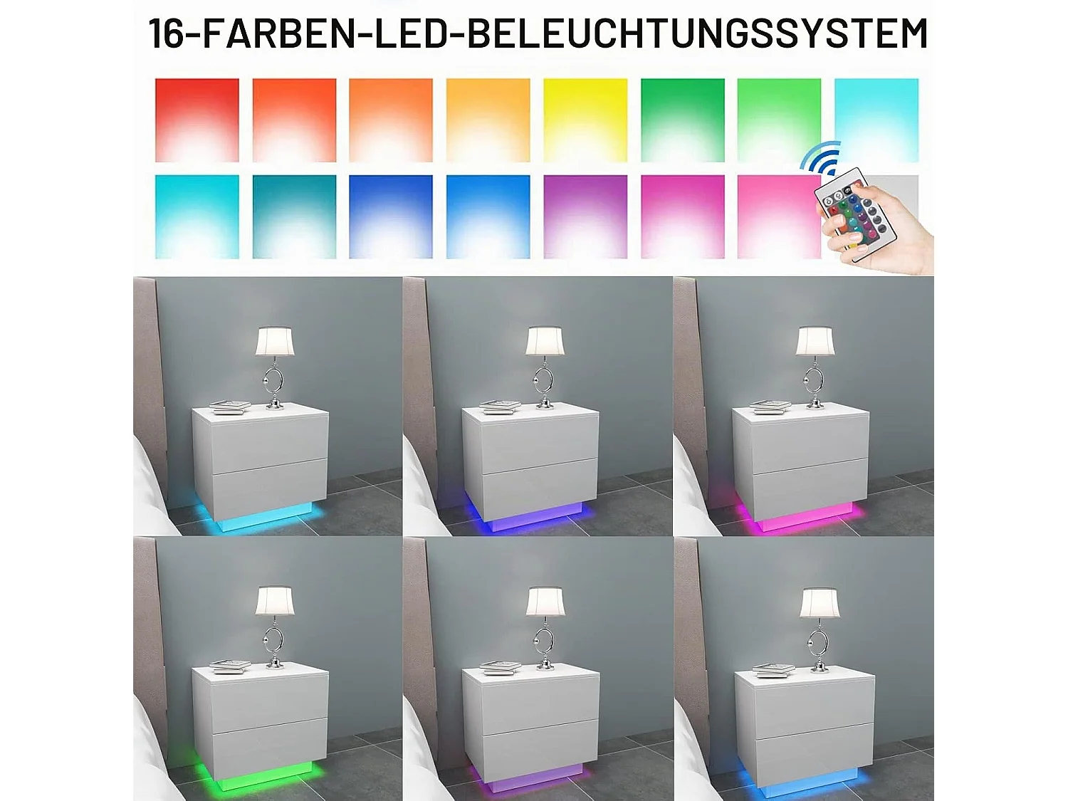 Nachtkastje met ledverlichting, bijzettafel met 2 lades, banktafel, kastje voor slaapkamer of woonkamer, 55 x 37 x 50 cm, hoogglans wit