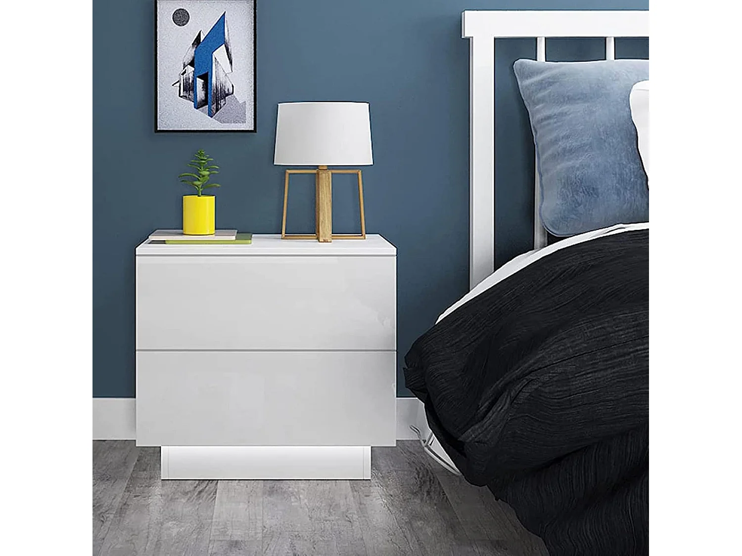 Nachtkastje met ledverlichting, bijzettafel met 2 lades, banktafel, kastje voor slaapkamer of woonkamer, 55 x 37 x 50 cm, hoogglans wit