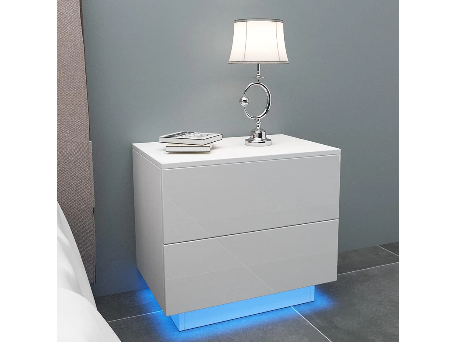 Nachtkastje met ledverlichting, bijzettafel met 2 lades, banktafel, kastje voor slaapkamer of woonkamer, 55 x 37 x 50 cm, hoogglans wit