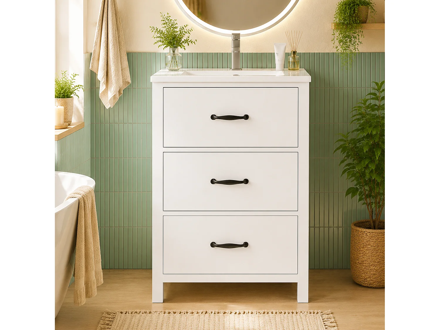 Badezimmer-Waschtisch mit Keramikwaschbecken, 3 Schubladen – MDF und Keramik – 61 x 47 x 83 cm – Weiß