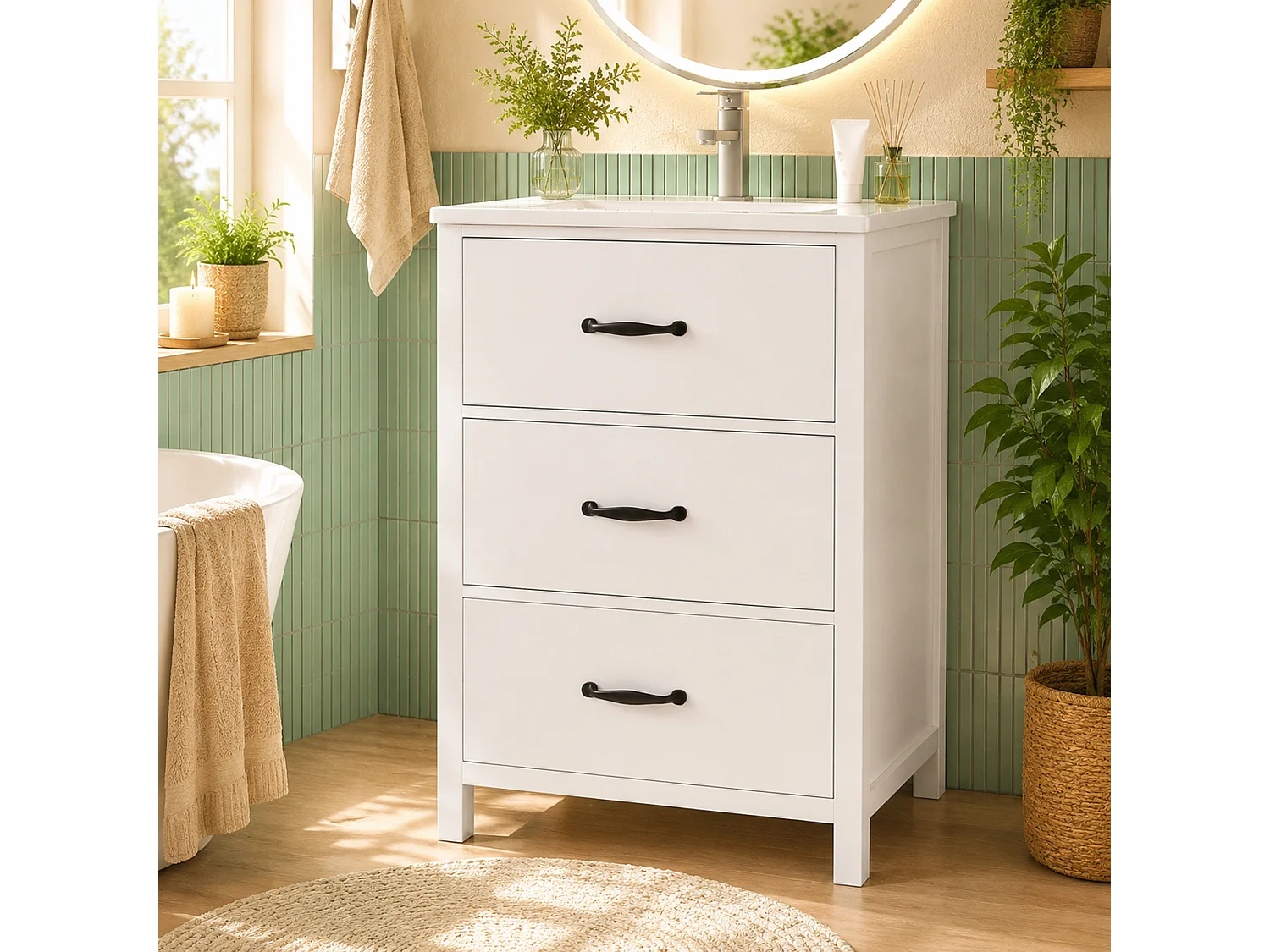 Badezimmer-Waschtisch mit Keramikwaschbecken, 3 Schubladen – MDF und Keramik – 61 x 47 x 83 cm – Weiß
