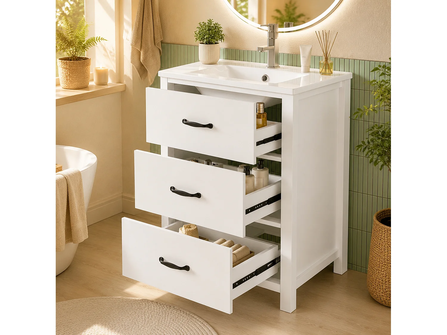 Badezimmer-Waschtisch mit Keramikwaschbecken, 3 Schubladen – MDF und Keramik – 61 x 47 x 83 cm – Weiß