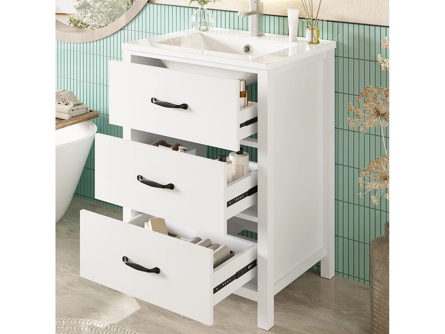 Badezimmer-Waschtisch mit Keramikwaschbecken, 3 Schubladen – MDF und Keramik – 61 x 47 x 83 cm – Weiß