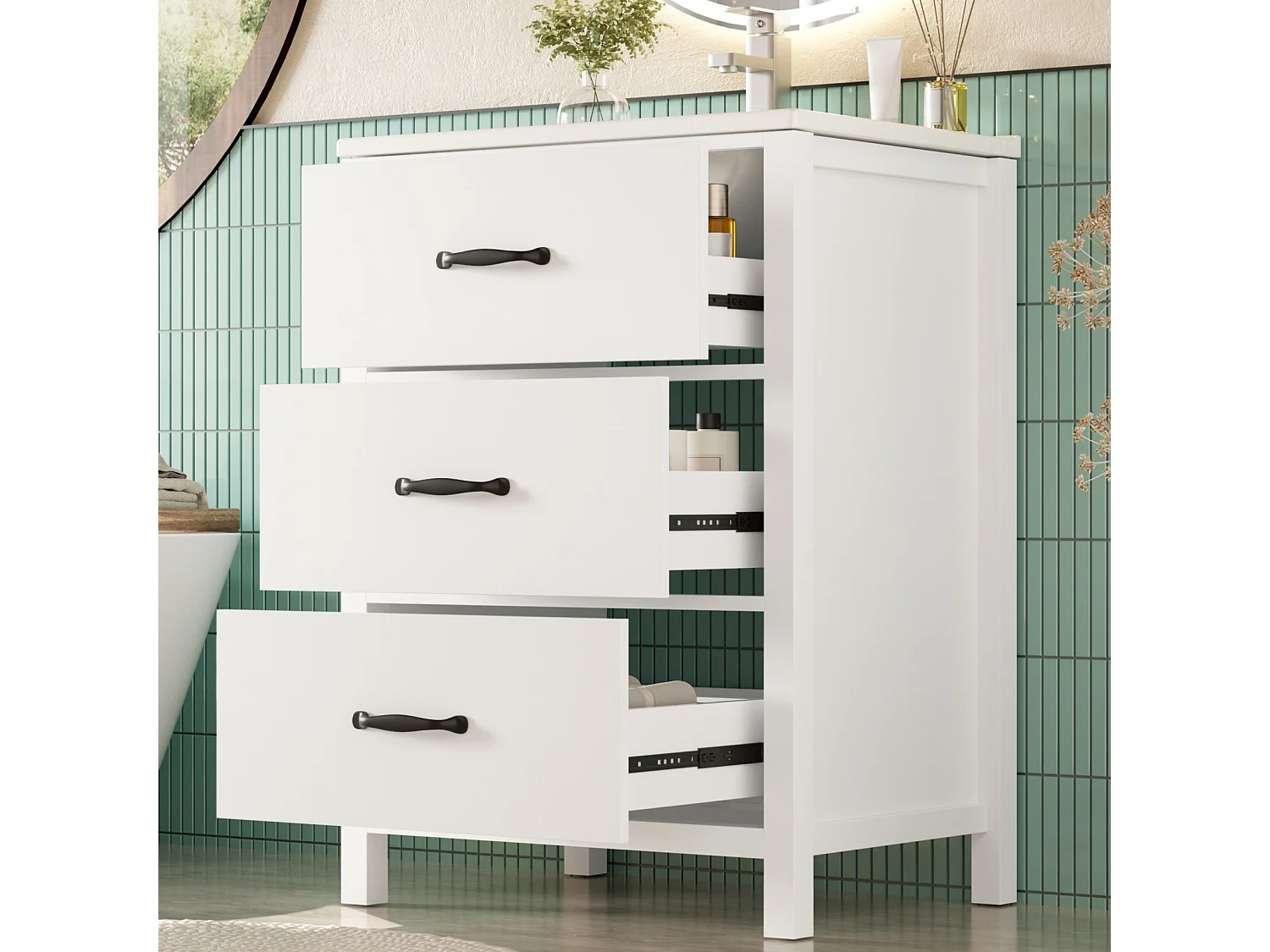 Badezimmer-Waschtisch mit Keramikwaschbecken, 3 Schubladen – MDF und Keramik – 61 x 47 x 83 cm – Weiß