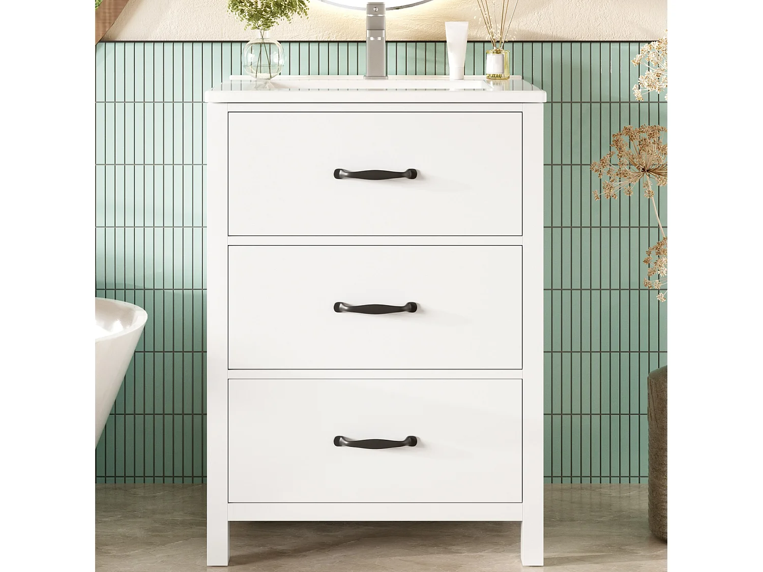 Badezimmer-Waschtisch mit Keramikwaschbecken, 3 Schubladen – MDF und Keramik – 61 x 47 x 83 cm – Weiß
