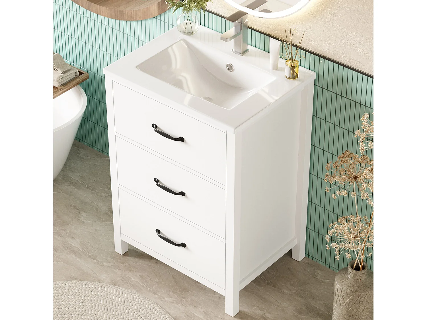 Badezimmer-Waschtisch mit Keramikwaschbecken, 3 Schubladen – MDF und Keramik – 61 x 47 x 83 cm – Weiß