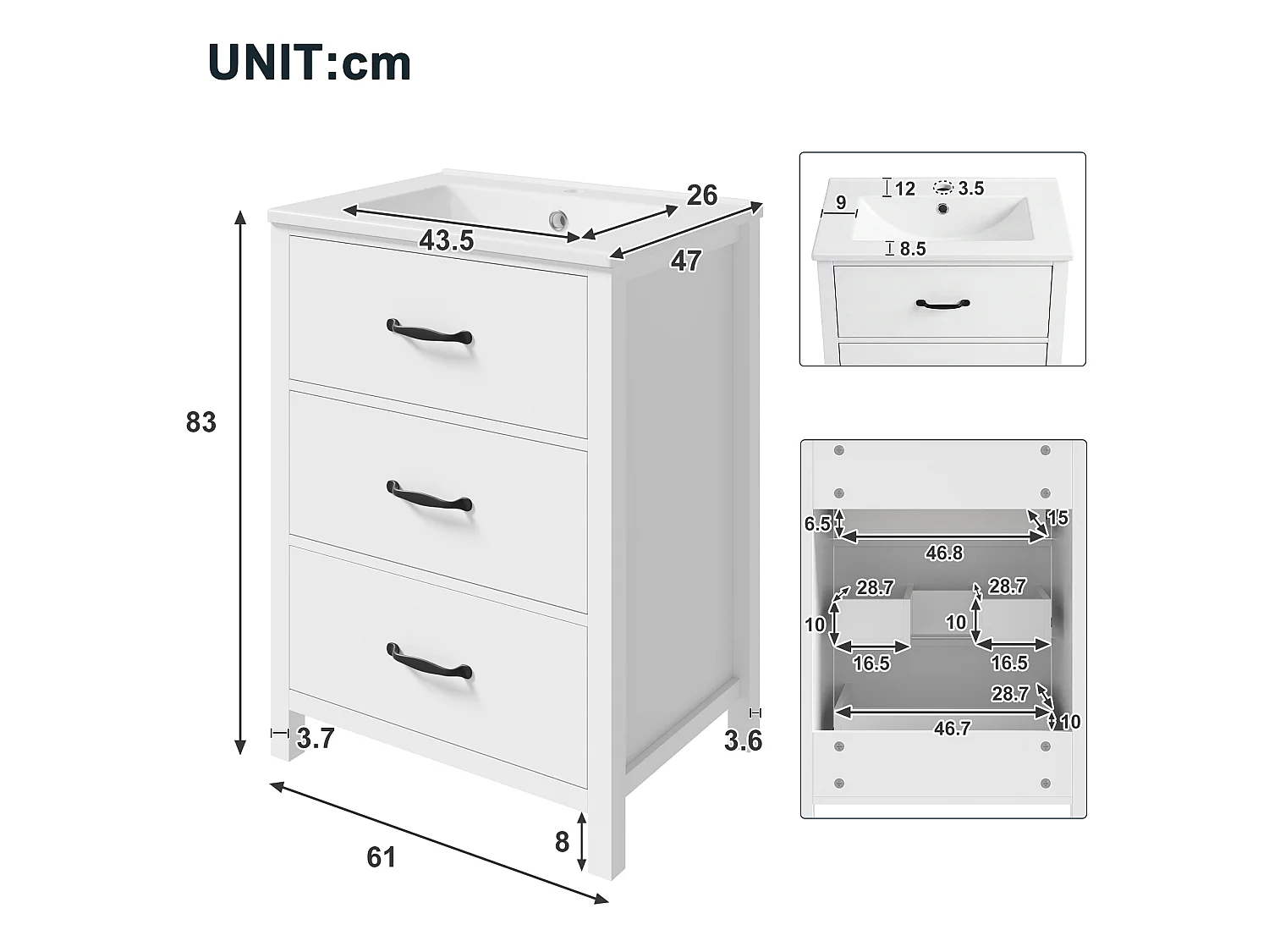 Badezimmer-Waschtisch mit Keramikwaschbecken, 3 Schubladen – MDF und Keramik – 61 x 47 x 83 cm – Weiß