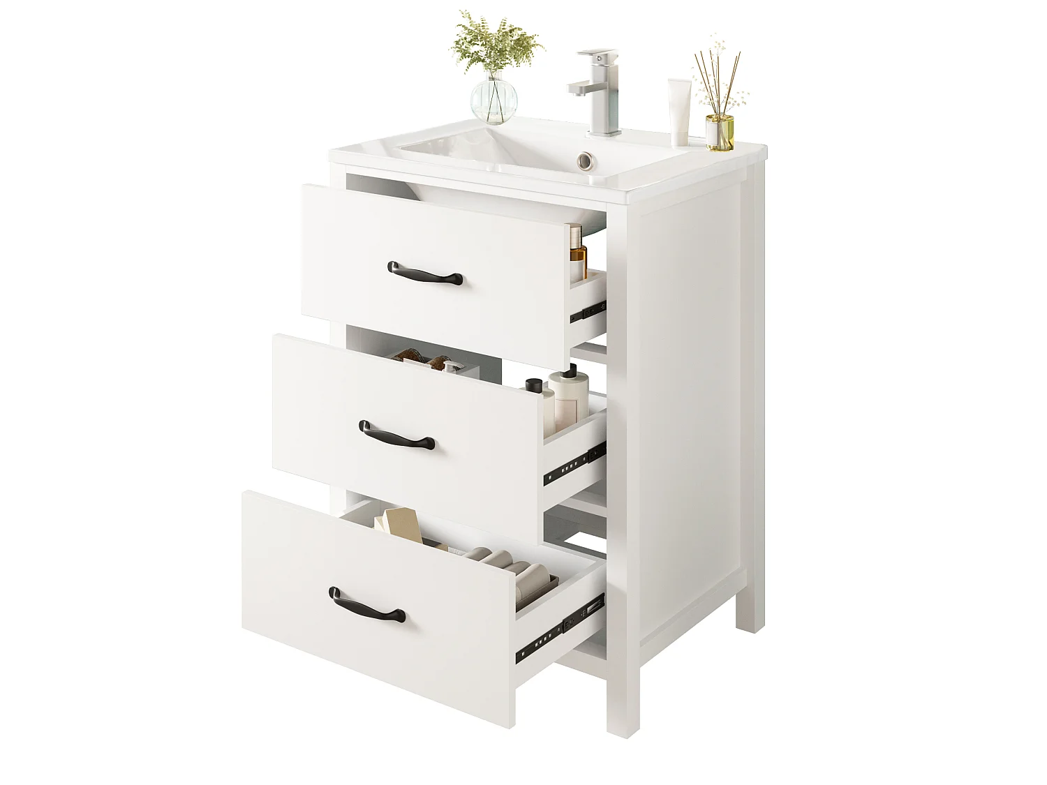 Badezimmer-Waschtisch mit Keramikwaschbecken, 3 Schubladen – MDF und Keramik – 61 x 47 x 83 cm – Weiß