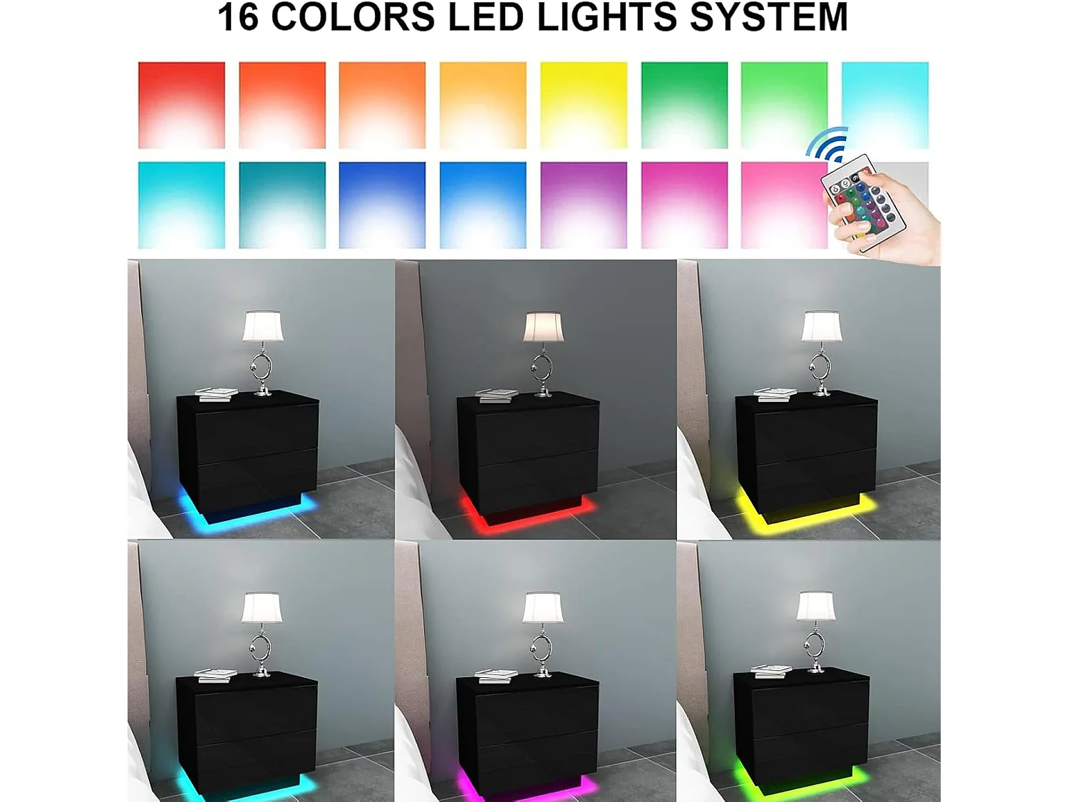 Nachtkastje met ledverlichting, bijzettafel met 2 lades, banktafel, kastje voor slaapkamer of woonkamer, 55 x 37 x 50 cm, hoogglans zwart