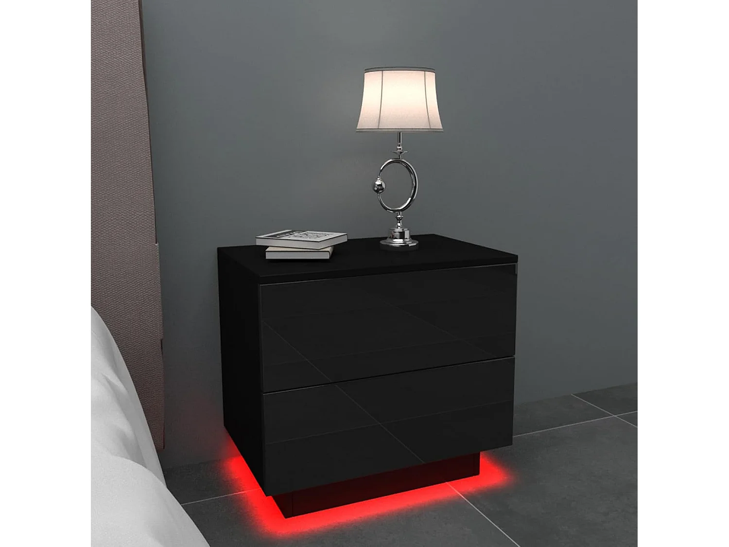 Nachtkastje met ledverlichting, bijzettafel met 2 lades, banktafel, kastje voor slaapkamer of woonkamer, 55 x 37 x 50 cm, hoogglans zwart