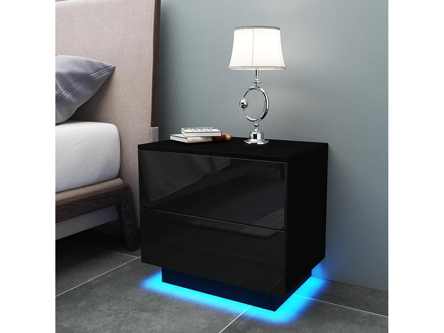 Nachtkastje met ledverlichting, bijzettafel met 2 lades, banktafel, kastje voor slaapkamer of woonkamer, 55 x 37 x 50 cm, hoogglans zwart