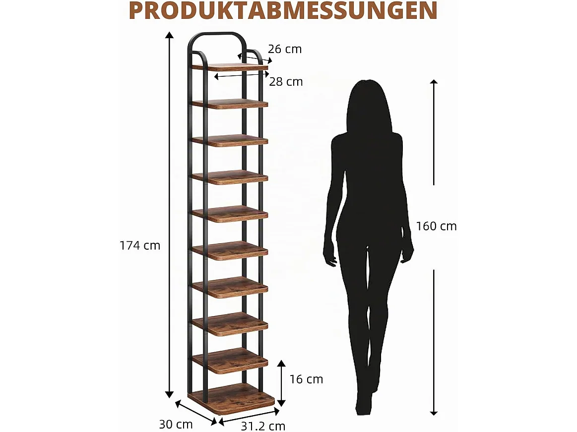 Dripex verticaal schoenenrek met 10 niveaus, smalle metalen schoenenstandaard met verstelbare planken, ruimtebesparend voor de hal, vintage bruin & zwart