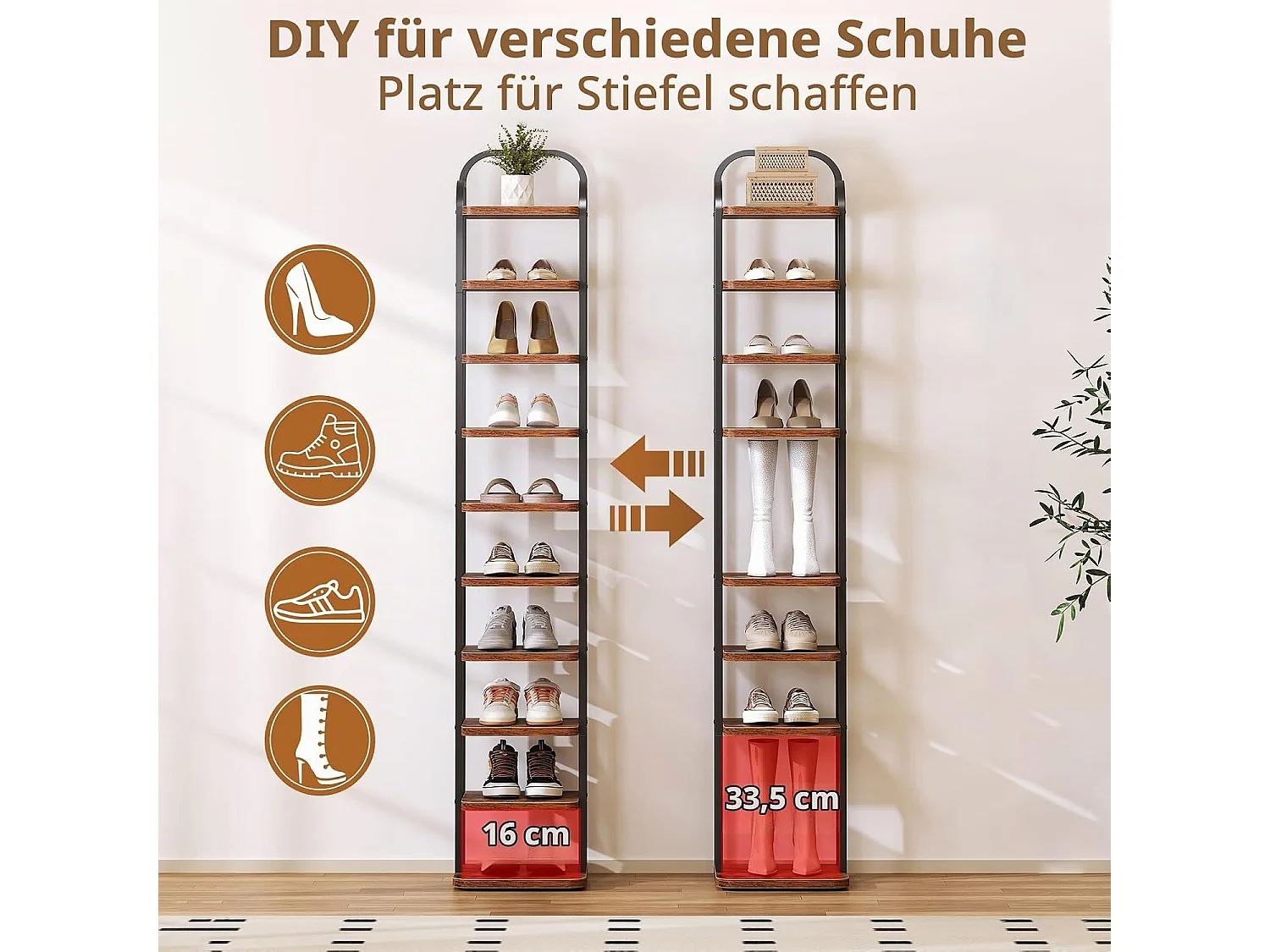 Dripex verticaal schoenenrek met 10 niveaus, smalle metalen schoenenstandaard met verstelbare planken, ruimtebesparend voor de hal, vintage bruin & zwart
